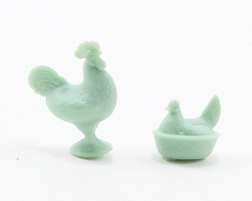 Dollhouse Miniature Rooster & Hen Figurines, Jadeite